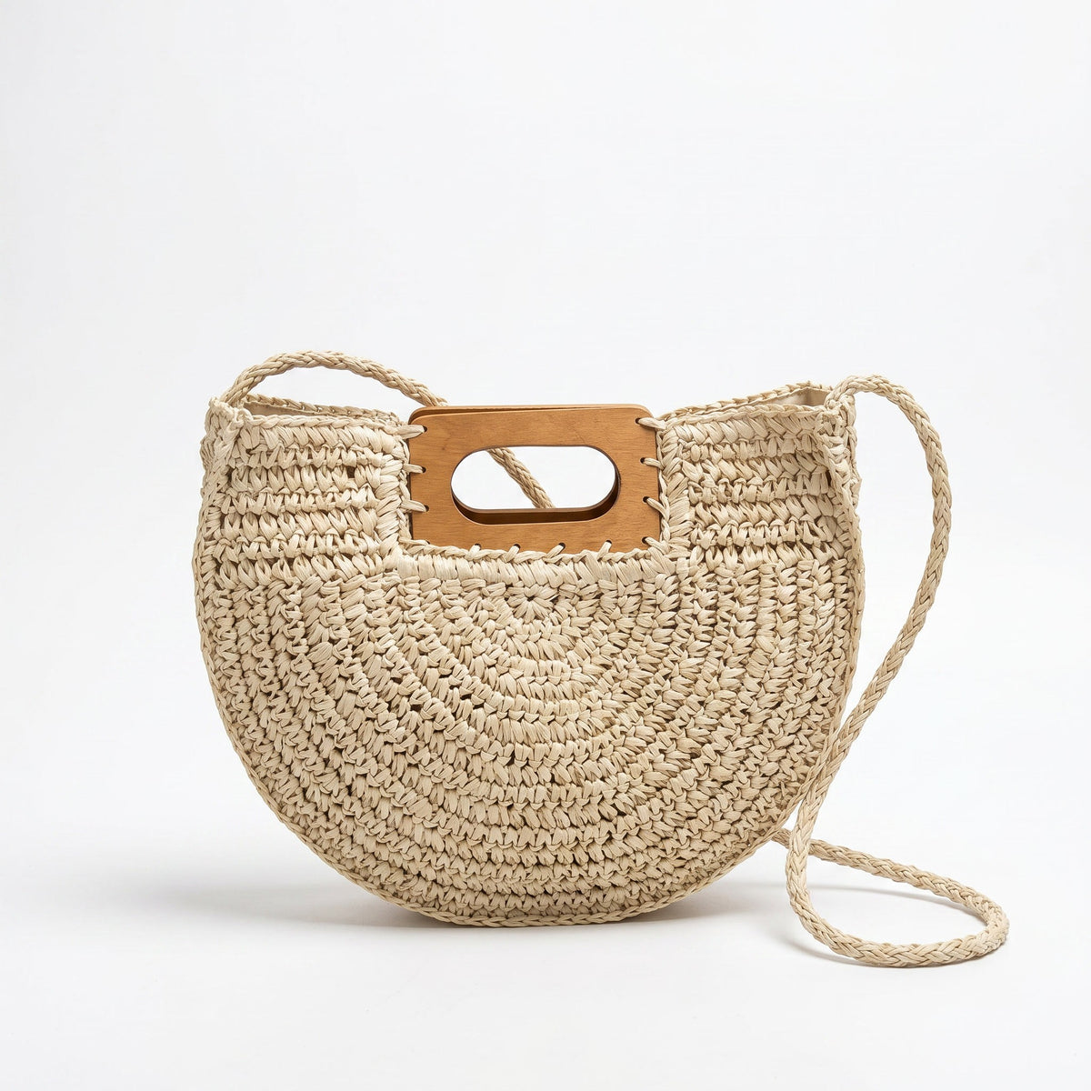 Half-Moon Woven Straw Bag with Wooden Handle