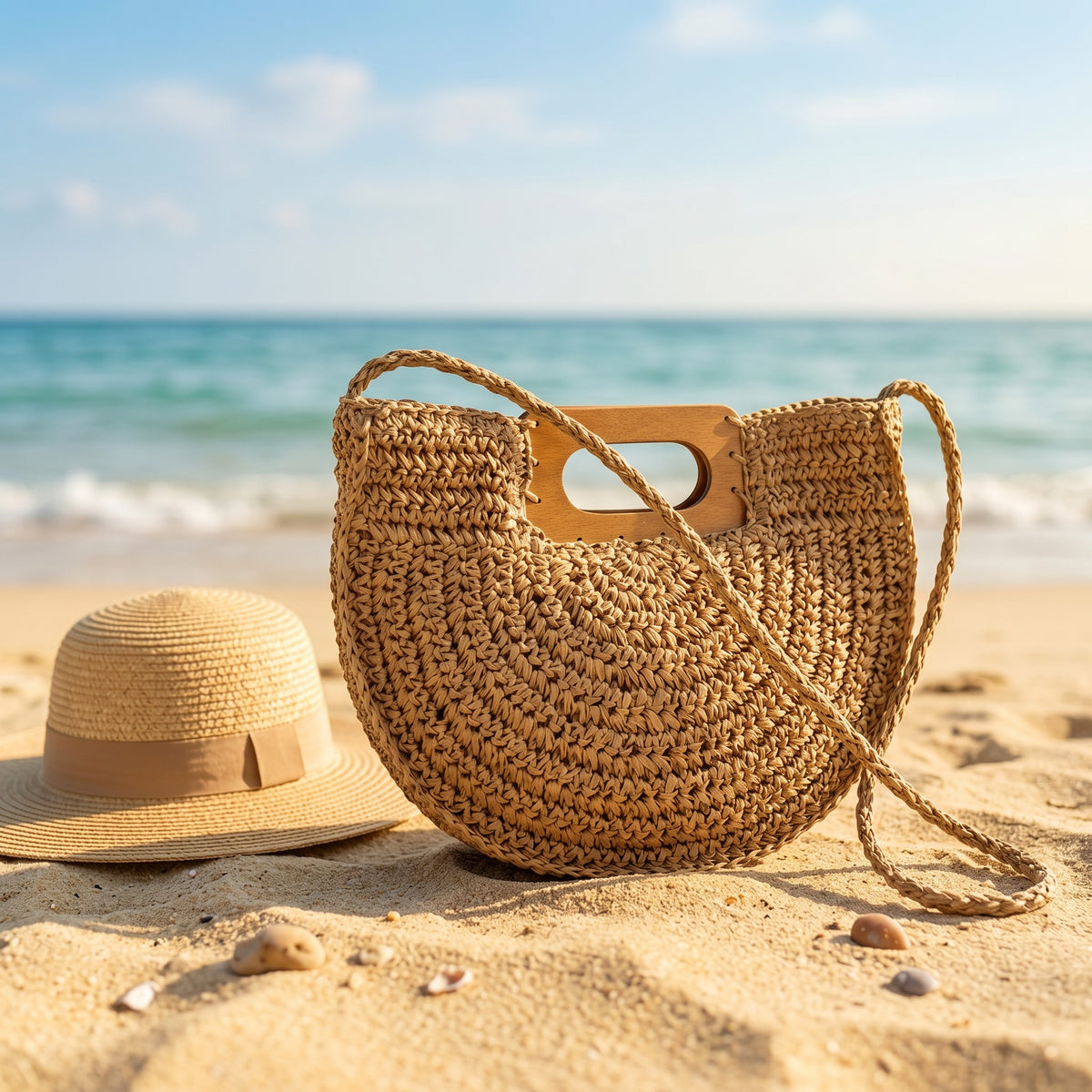 Half-Moon Woven Straw Bag with Wooden Handle