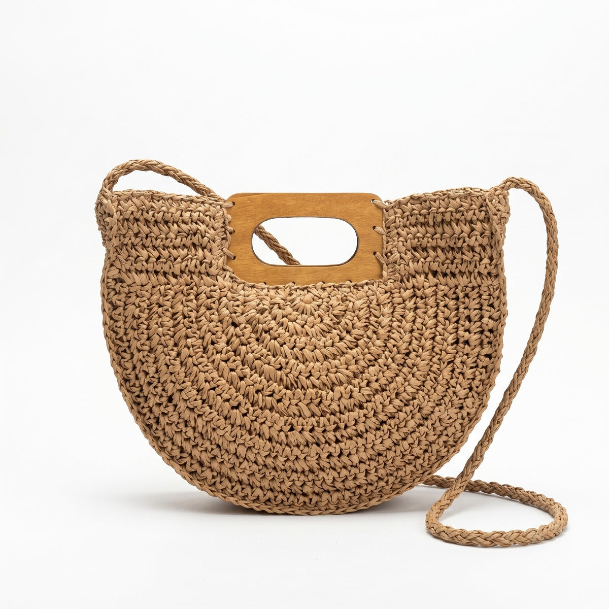 Half-Moon Woven Straw Bag with Wooden Handle