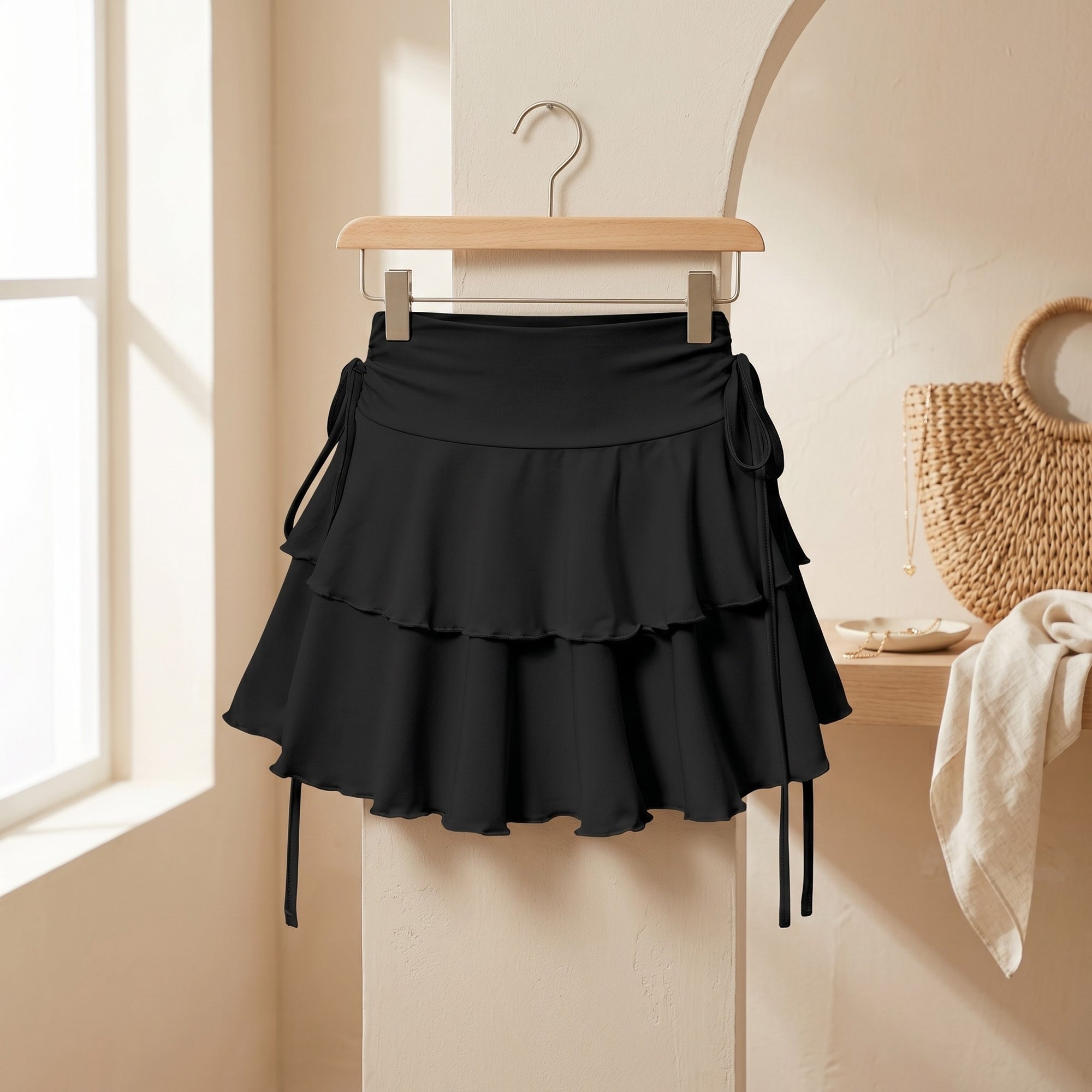 Tiered ruffle mini skirt on a hanger