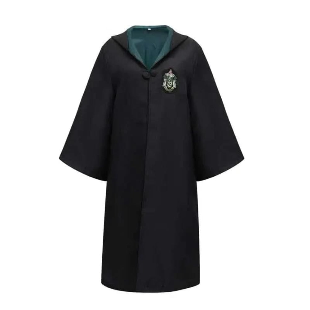 Adult Wizard Robe Costume Black Hooded Embroidered Crest Frog Closure