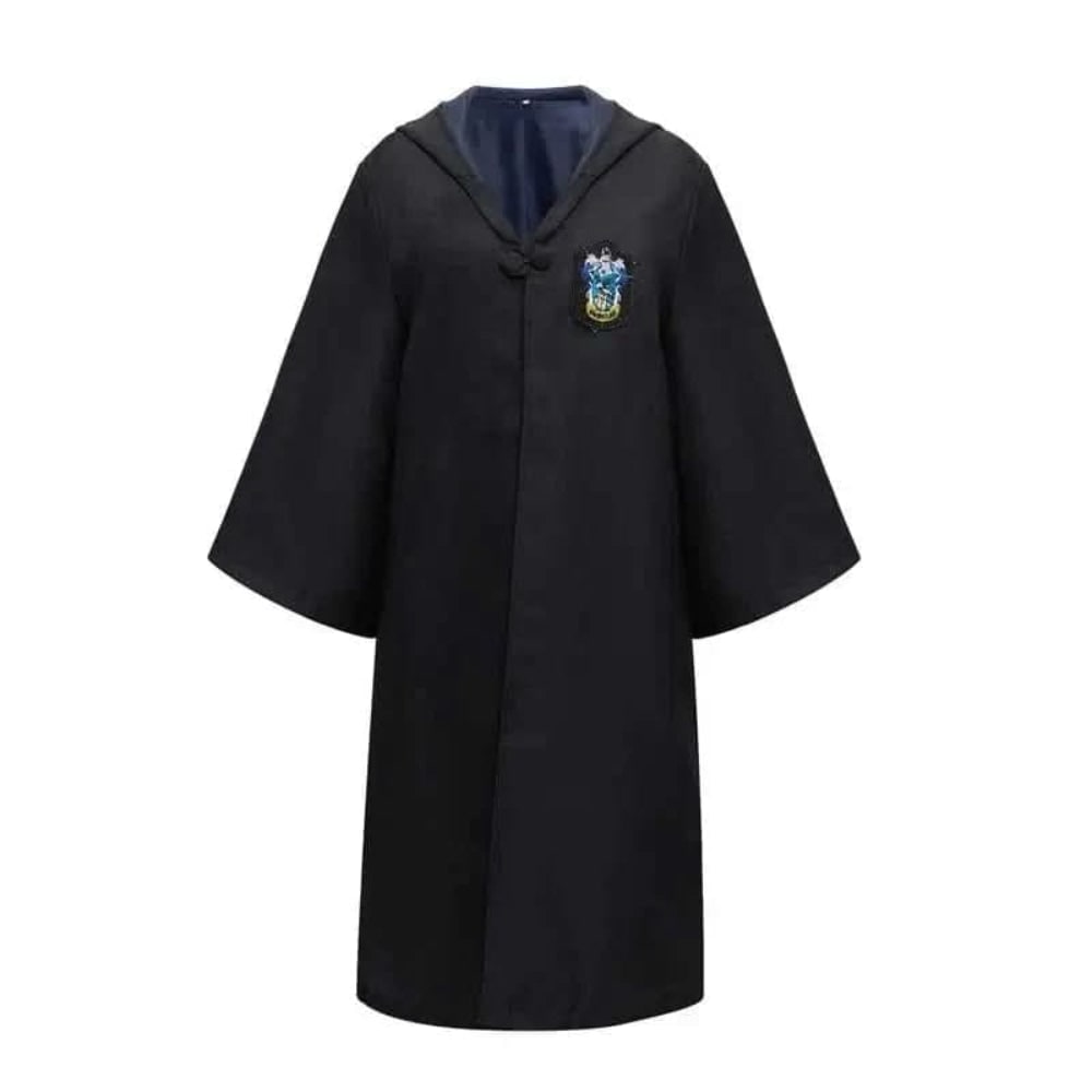 Adult Wizard Robe Costume Black Hooded Embroidered Crest Frog Closure