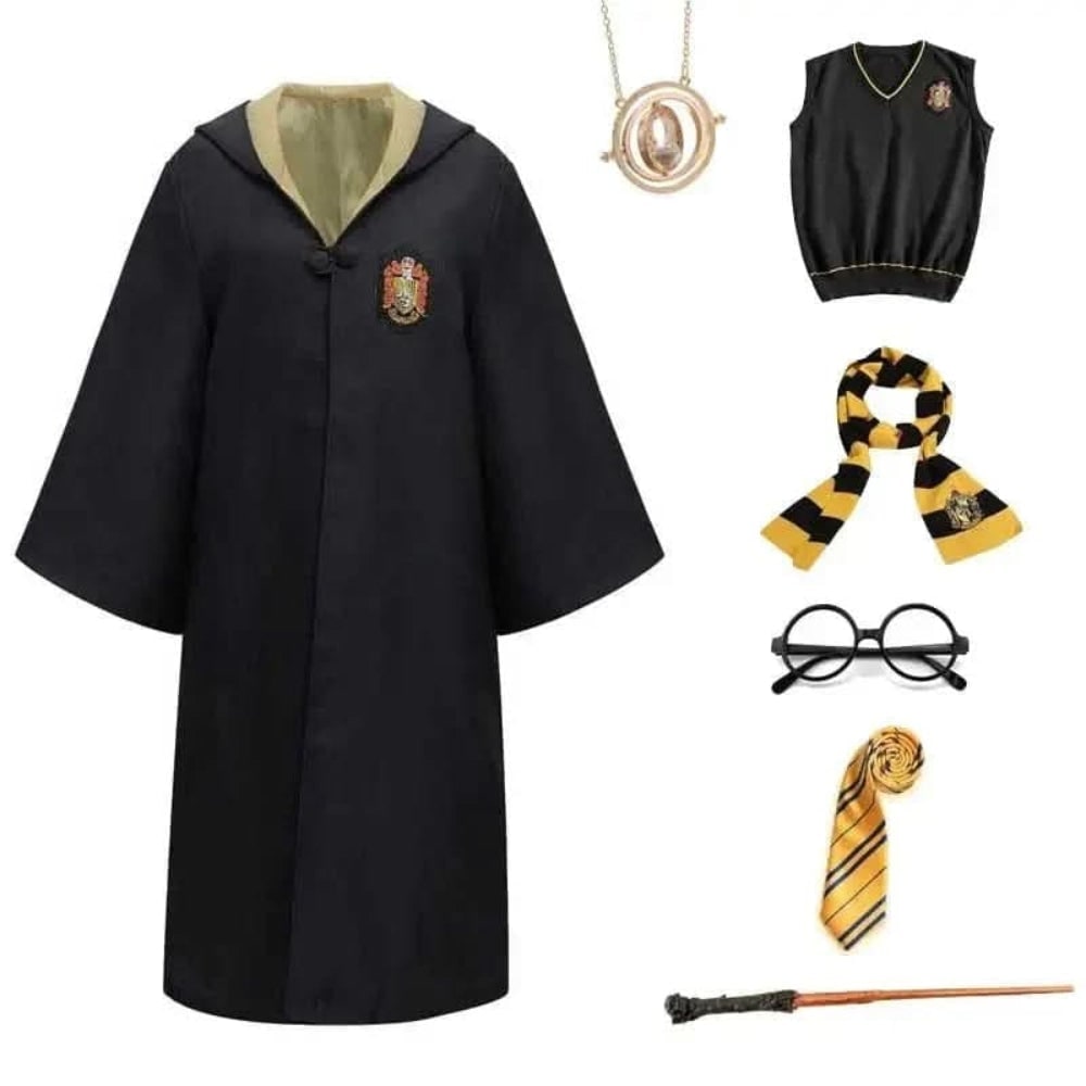 Adult Wizard Robe Costume Black Hooded Embroidered Crest Frog Closure
