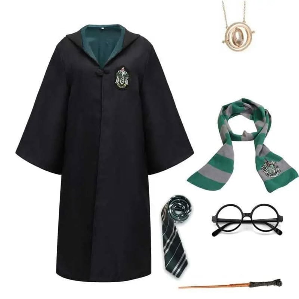Adult Wizard Robe Costume Black Hooded Embroidered Crest Frog Closure