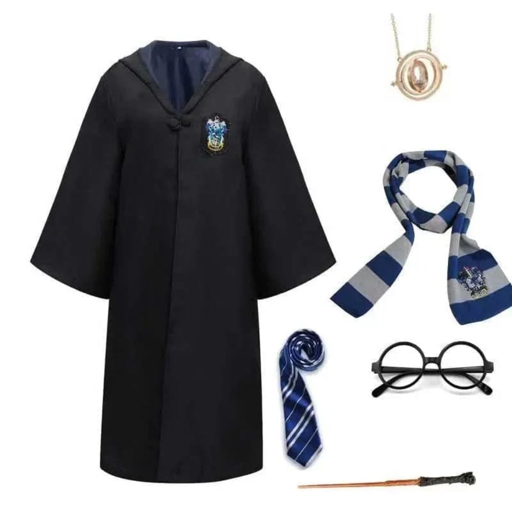 Adult Wizard Robe Costume Black Hooded Embroidered Crest Frog Closure