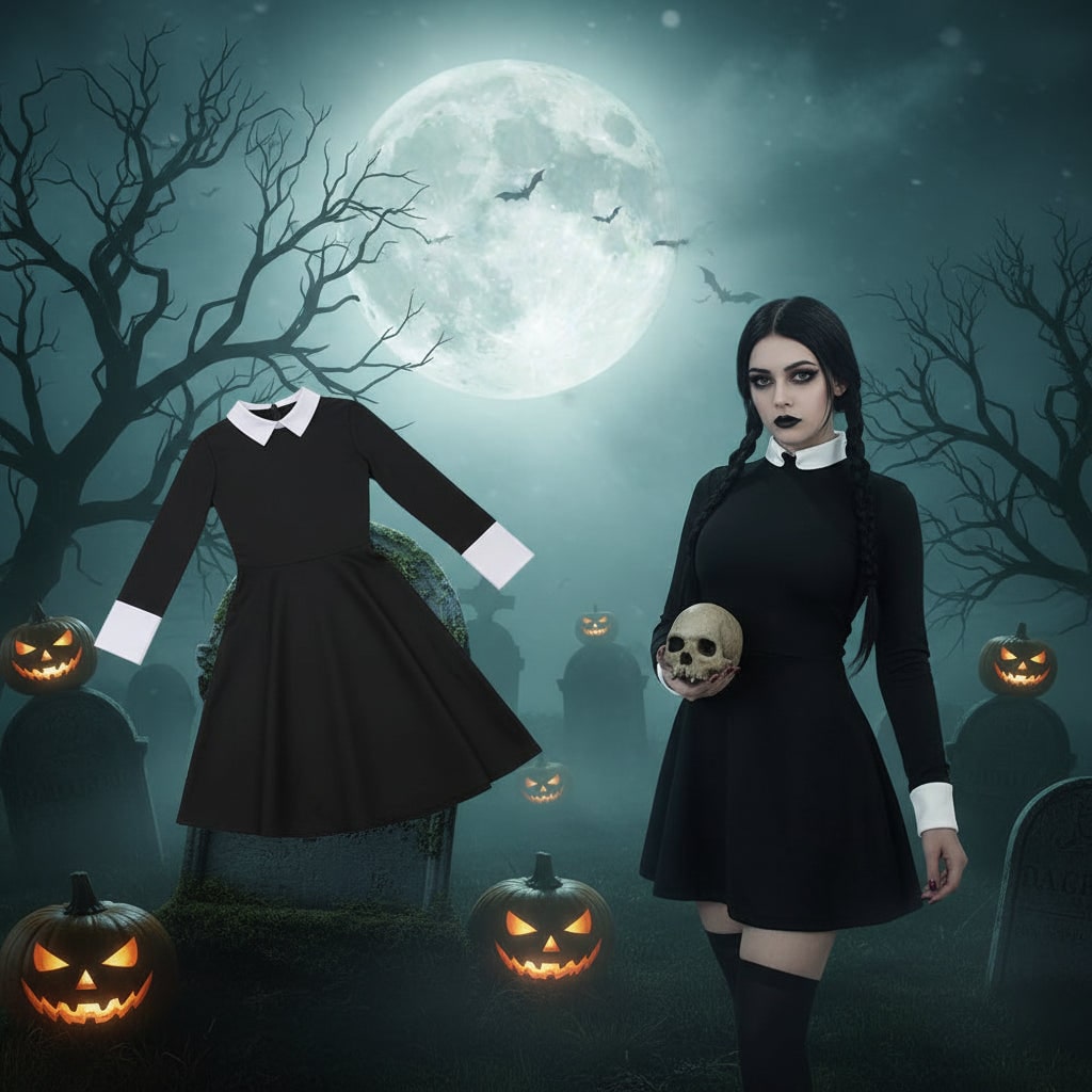 Womens Gothic Schoolgirl Costume White Collar Long Sleeves Halloween Party Outfit