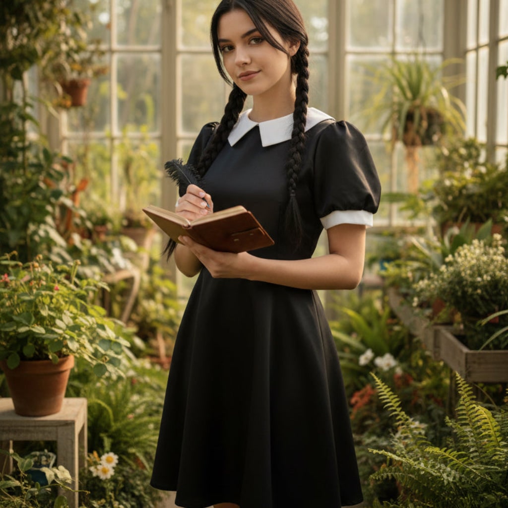Womens Gothic Schoolgirl Costume White Collar Long Sleeves Halloween Party Outfit