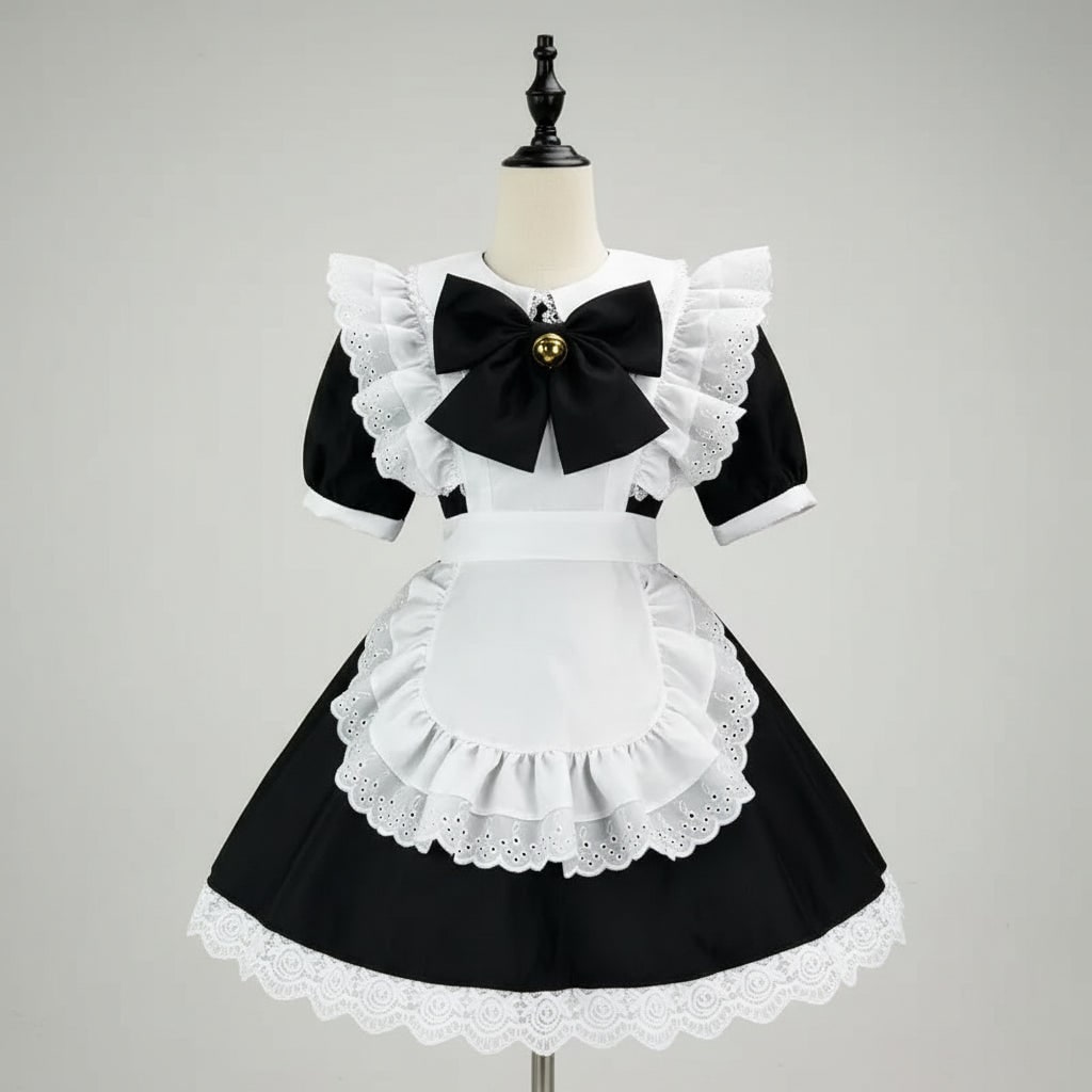 Womens French Maid Costume Dress Apron Puff Sleeves Plus Size Halloween Party