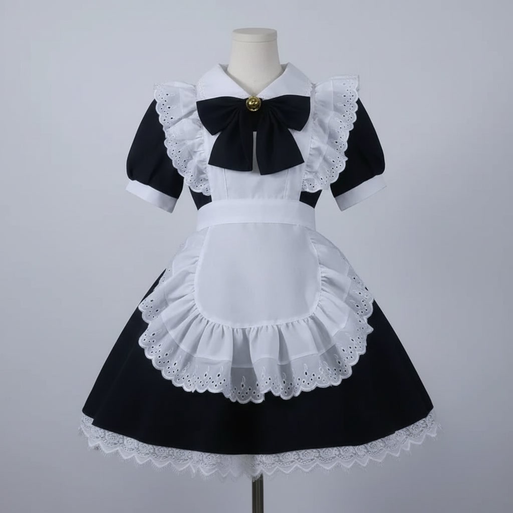 Womens French Maid Costume Dress Apron Puff Sleeves Plus Size Halloween Party