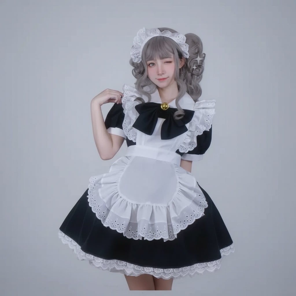 Womens French Maid Costume Dress Apron Puff Sleeves Plus Size Halloween Party