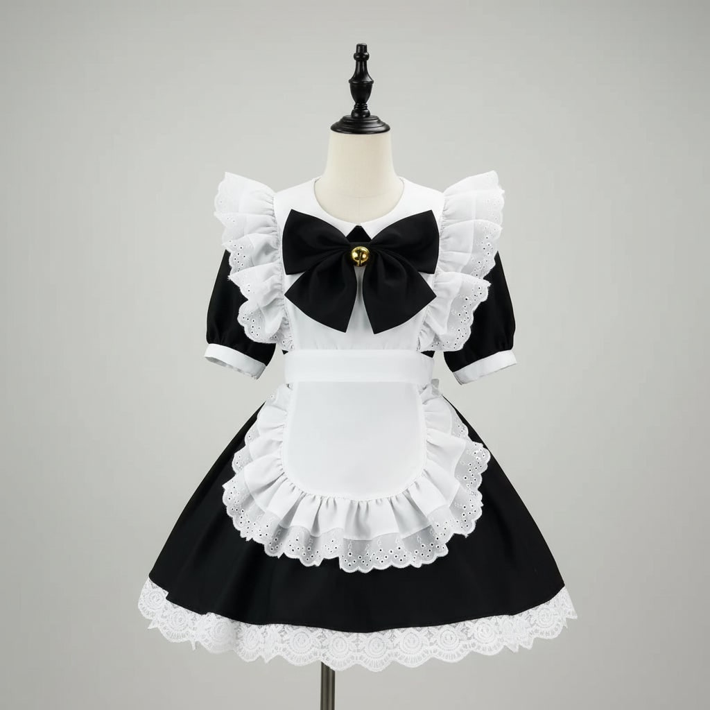 Womens French Maid Costume Dress Apron Puff Sleeves Plus Size Halloween Party