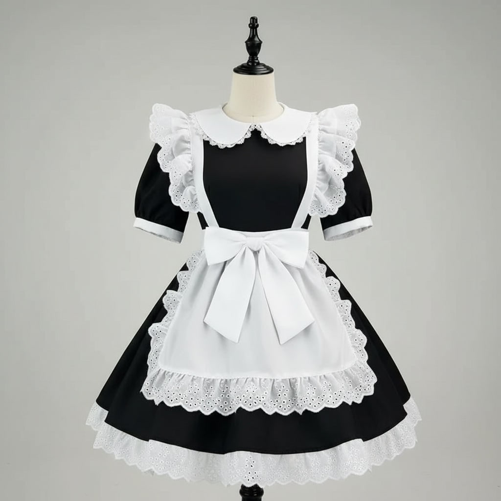 Womens French Maid Costume Dress Apron Puff Sleeves Plus Size Halloween Party