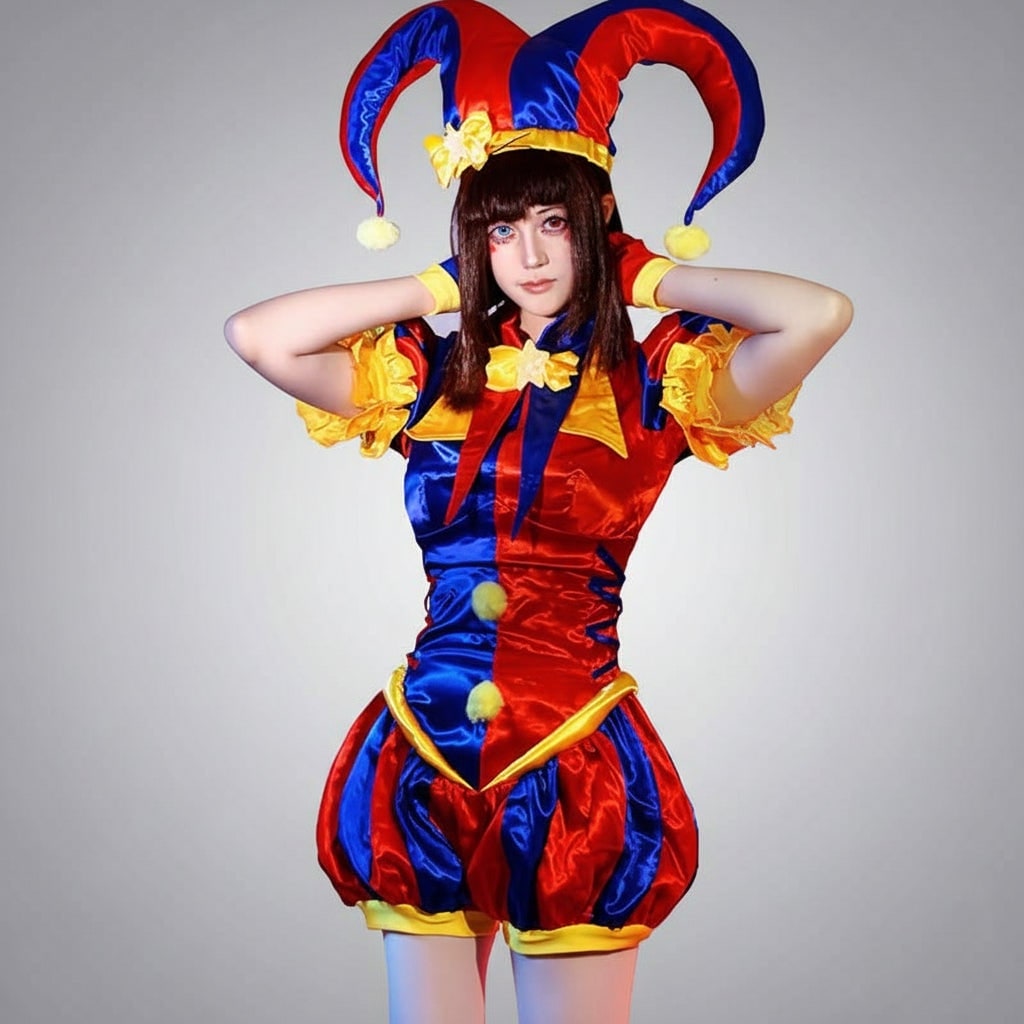 Womens Jester Costume Outfit Hat and Gloves Medieval Renaissance Court Halloween