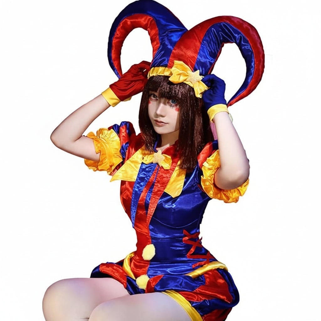 Womens Jester Costume Outfit Hat and Gloves Medieval Renaissance Court Halloween