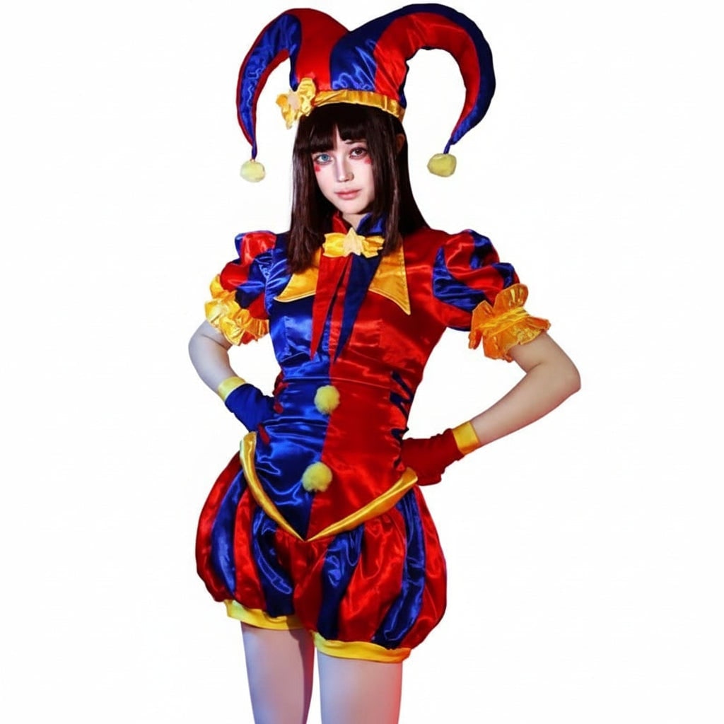 Womens Jester Costume Outfit Hat and Gloves Medieval Renaissance Court Halloween