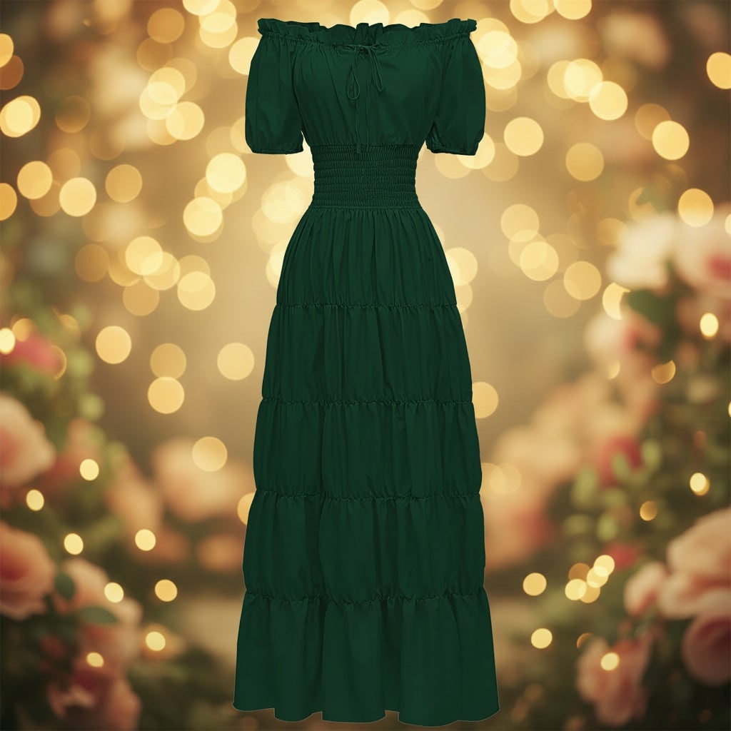 Womens Off Shoulder Boho Peasant Maxi Dress Smocked Waist Halloween