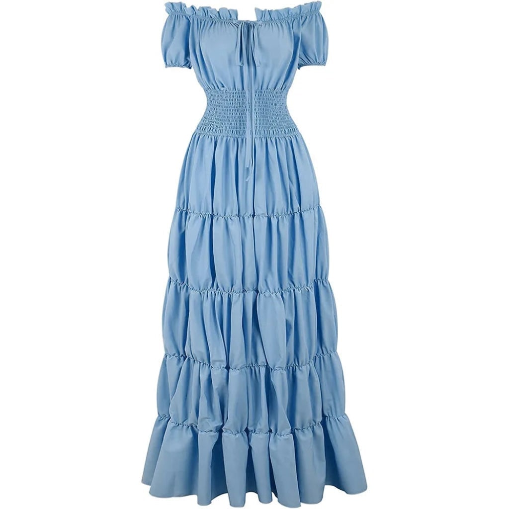 Womens Off Shoulder Boho Peasant Maxi Dress Smocked Waist Halloween