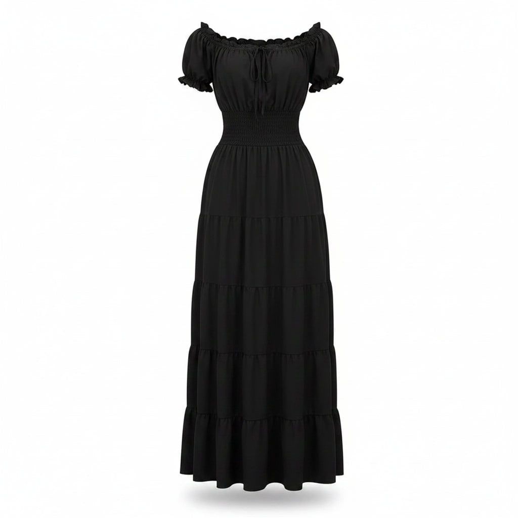 Womens Off Shoulder Boho Peasant Maxi Dress Smocked Waist Halloween