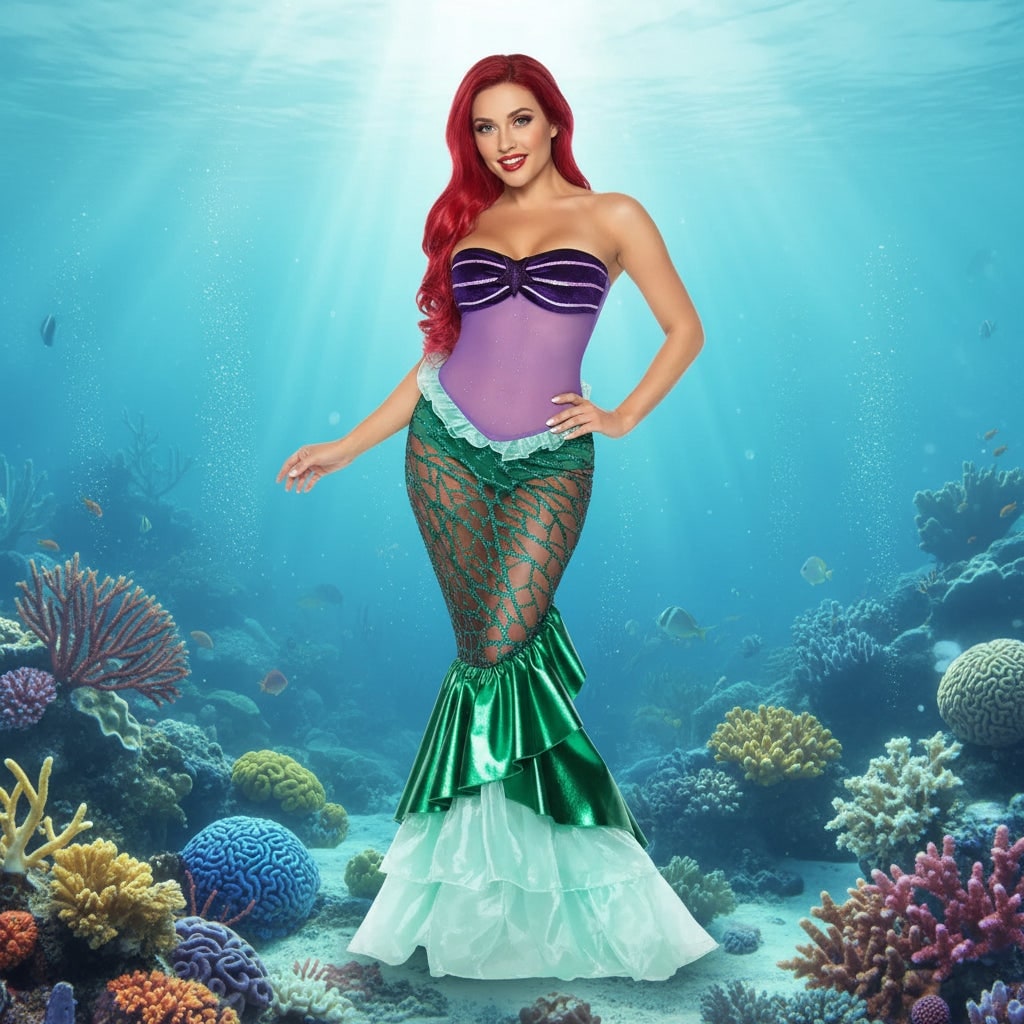 Womens Mermaid Costume Dress Sequins Strapless Sweetheart Neckline Lace Up Corset Back Halloween